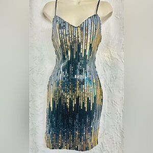 JoAnn Albrizio for Just Eve Gold/Blk/Silver Shimmer Sequin Straight Fit Dress 6